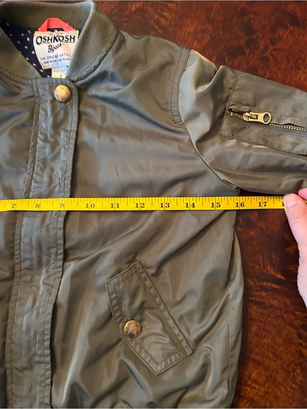 OshKosh B'gosh Girls Bomber Jacket 8 Olive Green Coat Gold Buttons